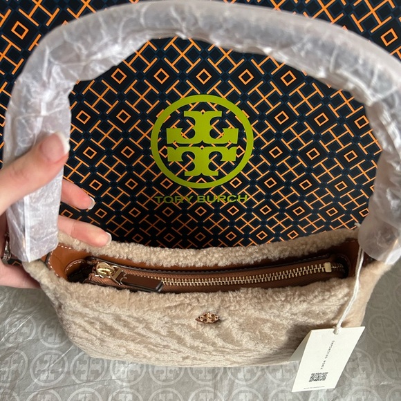 Tory Burch Emerson Shearling Shoulder Bag Fresh Wheat Gold Tan Brown Cream - Picture 4 of 11